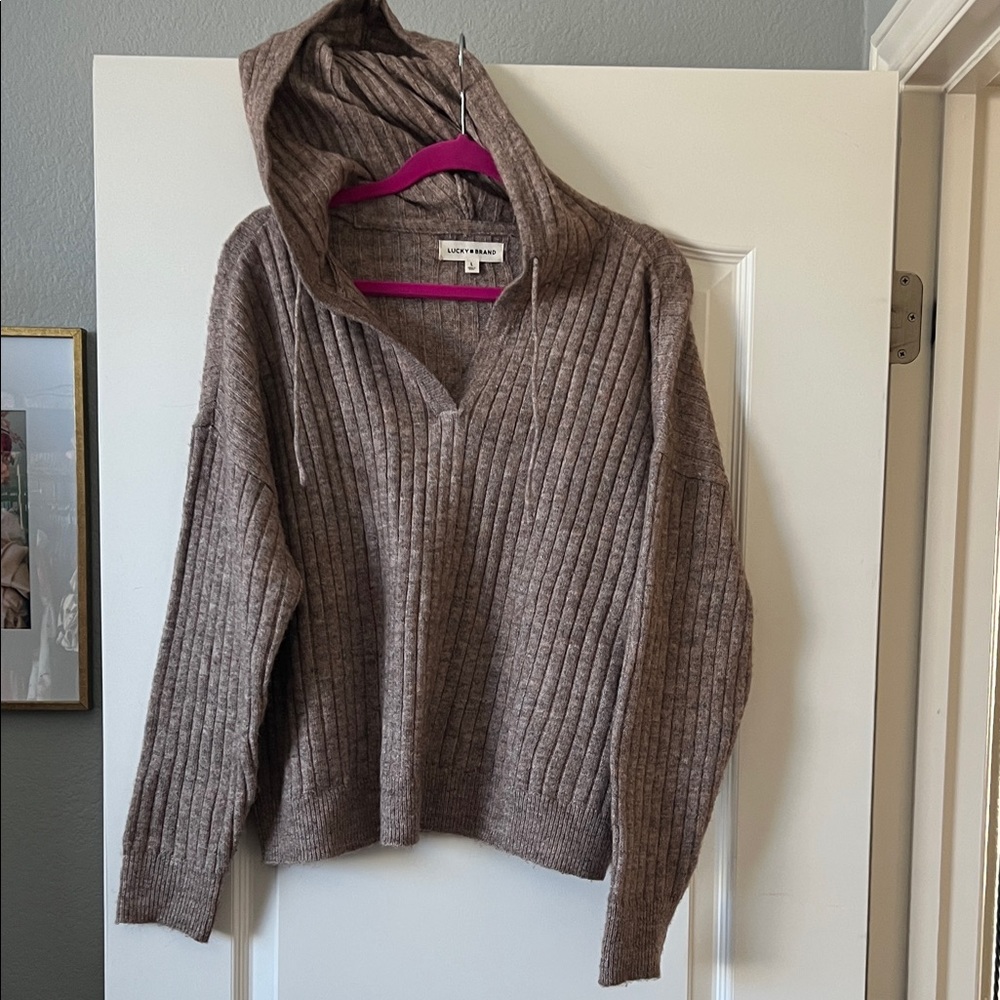 Lucky Brand Taupe Ribbed Cowl Hoodie Sweater
